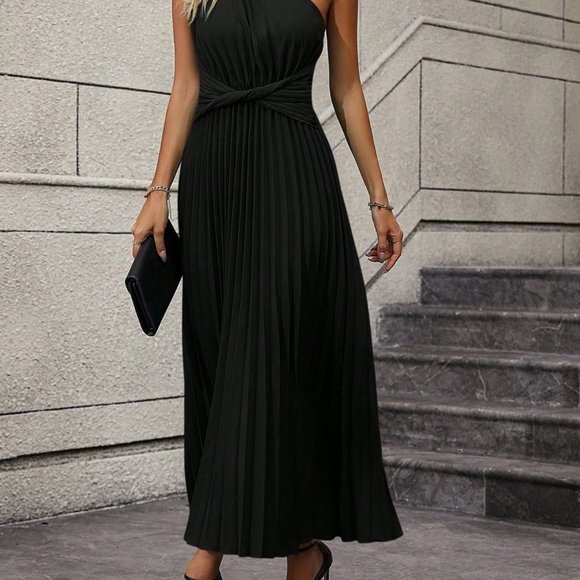 Black Casual Womens One Shoulder Twist Front Pleated Hem Dress - Picture 3 of 5